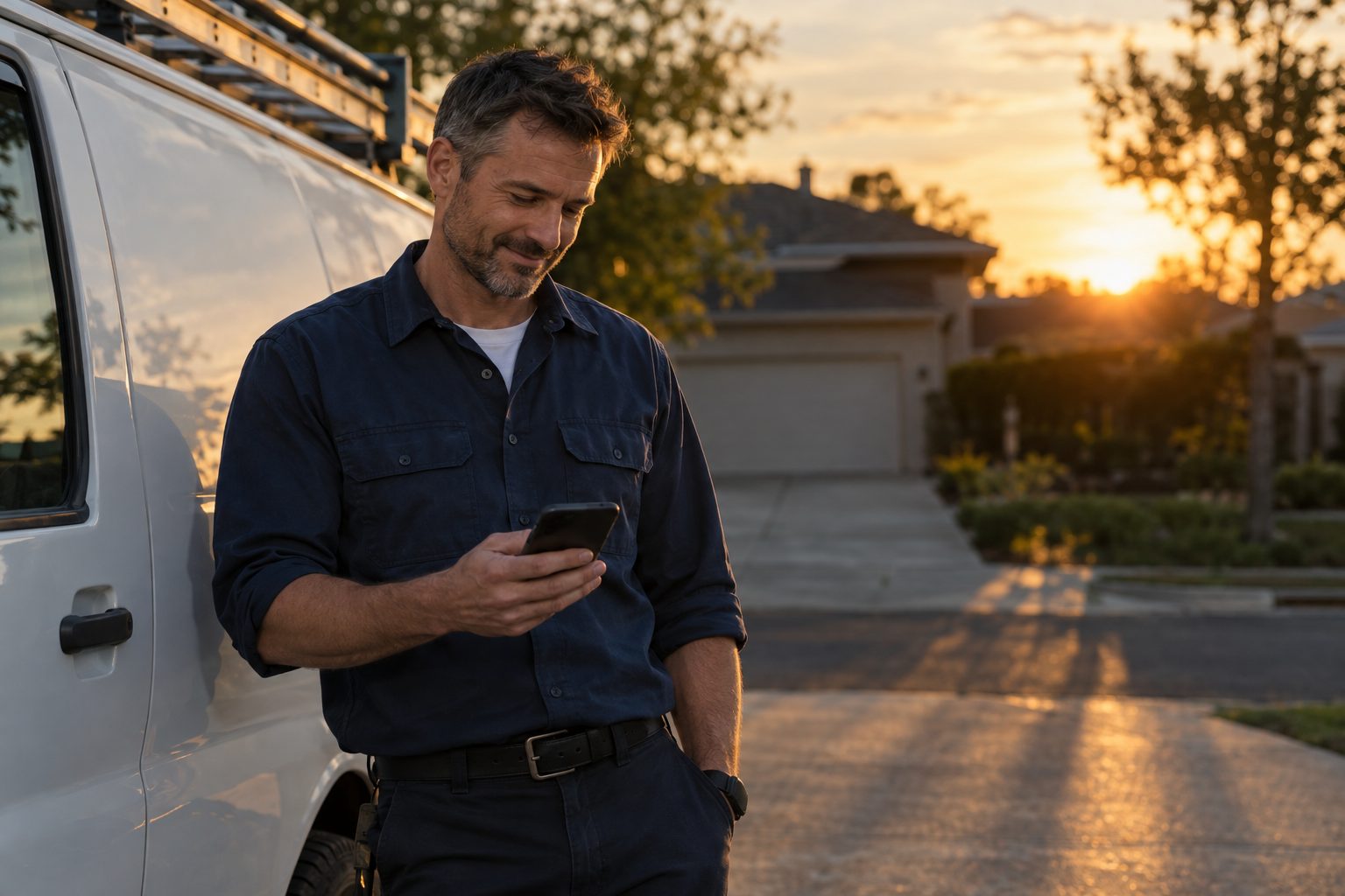 A plumber standing beside his work van at sunset, checking his phone.