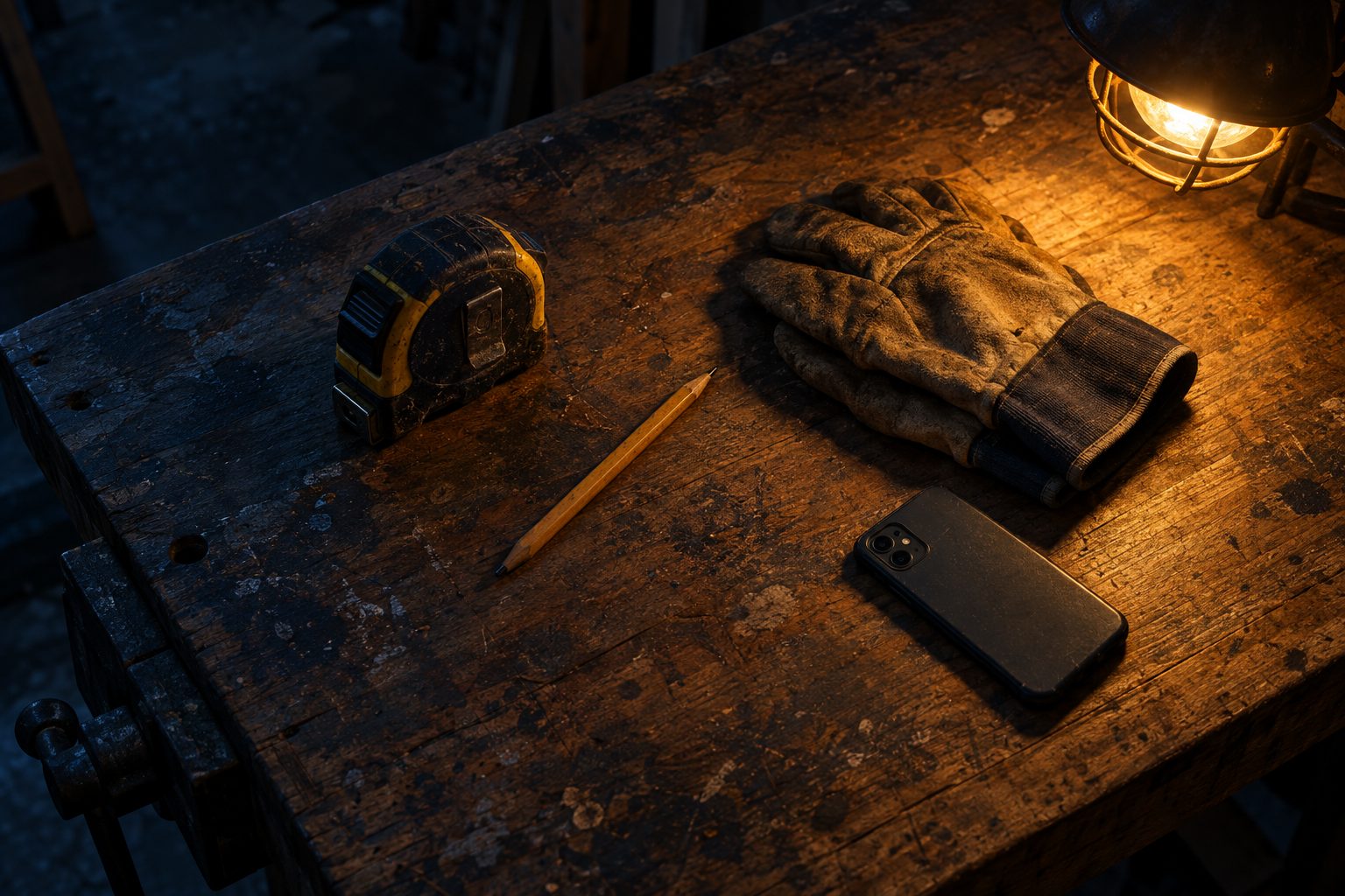 A workbench at dusk with a tape measure, pencil, work gloves and a phone under a warm lamp.