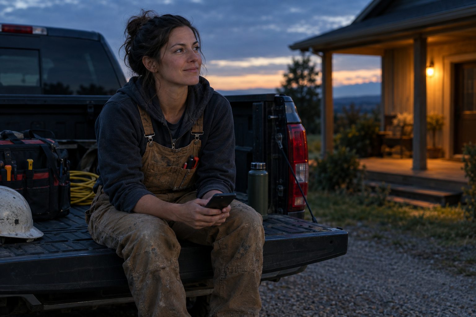An electrician sitting on her truck tailgate at dusk after work, checking her phone.